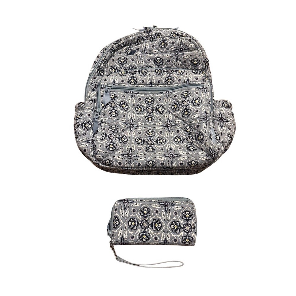 Vera Bradley XL Campus Backpack Gray Blue Quilted Floral Medallion + wristlet
